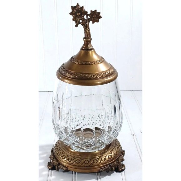 CASTILIAN LEAD CUT CRYSTAL BRONZE PEDESTAL CANDLE LAMP CENTERPIECE BOWL VASE - Picture 2 of 11